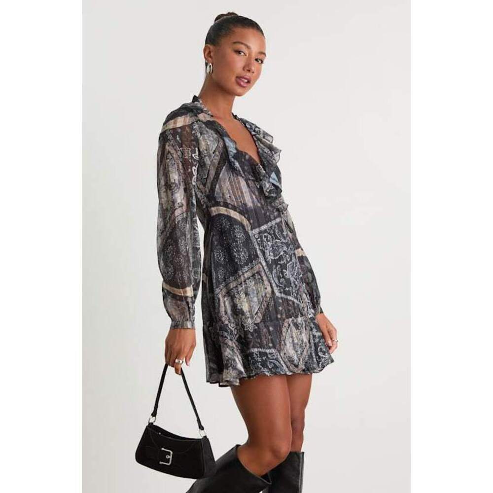 Lulus Claire Dark Navy Boho Print Wrap Mini Dress Blue - Size M